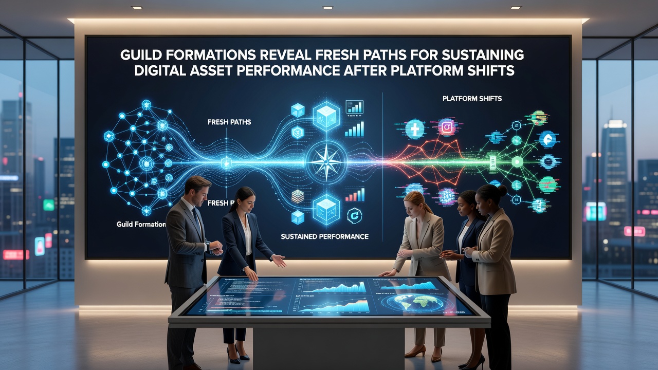 Collaborative guild structures analyzing digital asset metrics after platform updates
